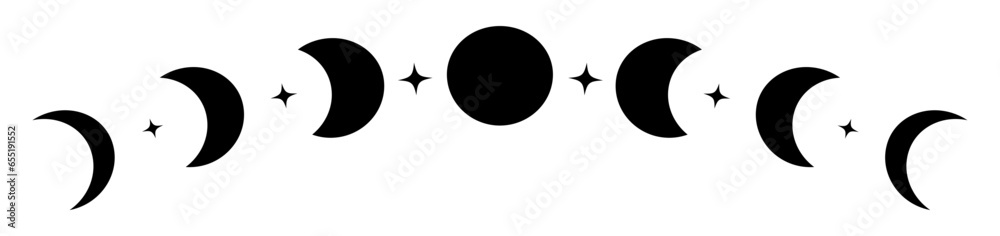 Silhouette moon phases black curve lunar eclipse with star decoration - obrazy, fototapety, plakaty 