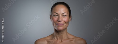 Close up portrait of happy and confident mature middle aged woman bare face with no makeup and aging skin with wrinkles, positive self image, hair pulled back