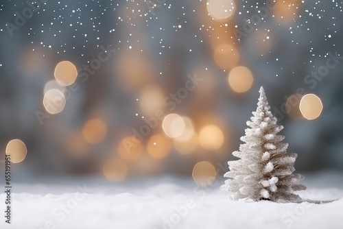 Empty White Snow With Blurred Christmas Tree And Bokeh Light Background Mockup . Сoncept Mockup, Empty White Snow, Blurred Christmas Tree, Bokeh Light Background