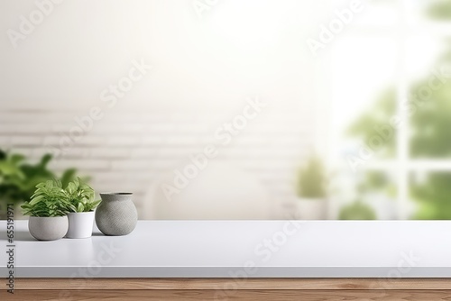 Empty White Tabletop With Blurred Kitchen Background For Product Display Mockup.   oncept Product Display  Mockup  Empty Table  White Tabletop