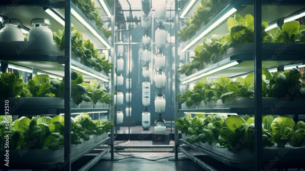 A hydroponic vertical farm, growing crops in stacked shelves using nutrient-rich water - obrazy, fototapety, plakaty 