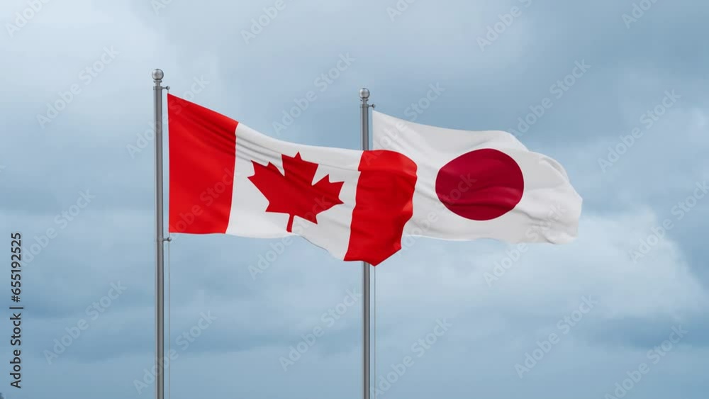 Japan flag and Canada flag waving together on cloudy sky, endless seamless loop, two country relations concept Japan flag and Canada flag waving together on cloudy sky, endless seamless loop, two country relations concept