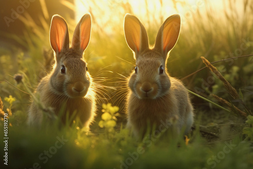 Rabbits sitting in the grass backlit by the sun