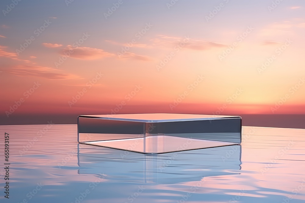 Glass Podium On Crystal Water Surface Against Tender Sunset Sky Background, Serving As Showcase For Natural Cosmetic Products And Concept Scene Stage For New Product Promoti()