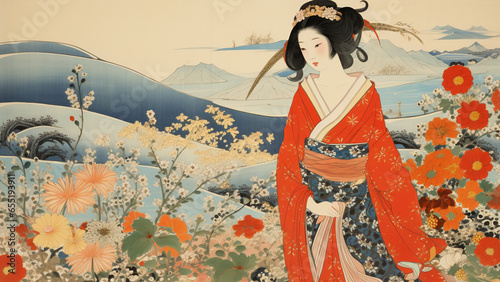 The Queen of Flowers depicted in traditional Japanese painting, ukiyoe