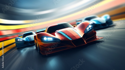 Competitive motor sports team racing event featuring fast-moving race cars speeding down the track. This 3D rendering offers ample space for text or additional content.