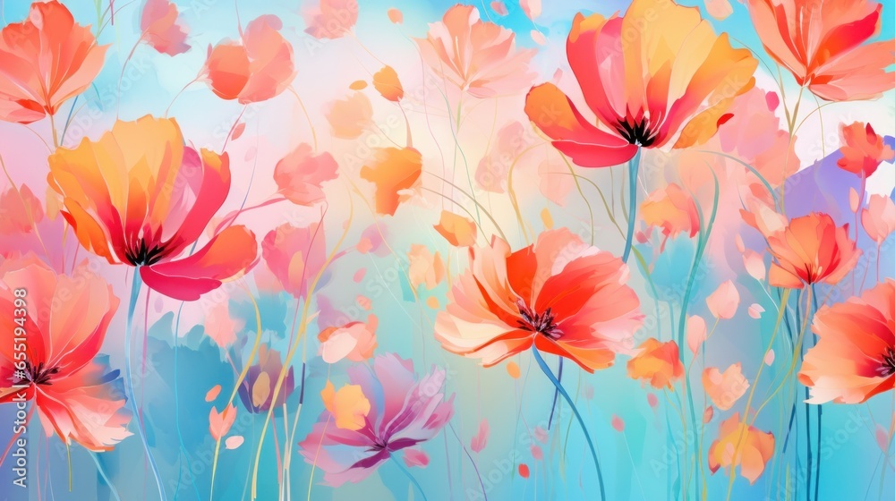Seamless pattern featuring flowers on a pink, blue, and orange background. Pink floral backdrop. Vector illustration of a watercolor-textured, abstract floral design suitable for textiles and art.