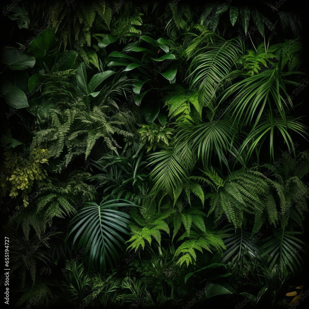 Lush greenery of a tropical rainforest garden with various plants such as ferns, palm trees, and philodendrons. The vibrant leaves create a natural frame against a black background, showcasing Lush greenery of a tropical rainforest garden with various plants such as ferns, palm trees, and philodendrons. The vibrant leaves create a natural frame against a black background, showcasing