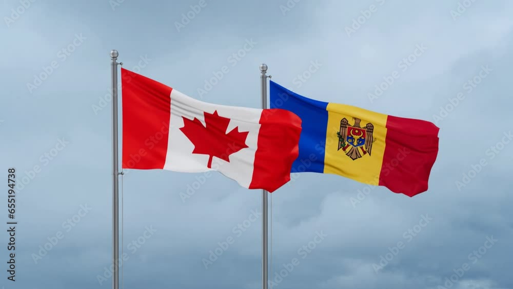 Moldova and Canada flag waving together on cloudy sky, endless seamless loop, two country cooperation concept Moldova and Canada flag waving together on cloudy sky, endless seamless loop, two country cooperation concept