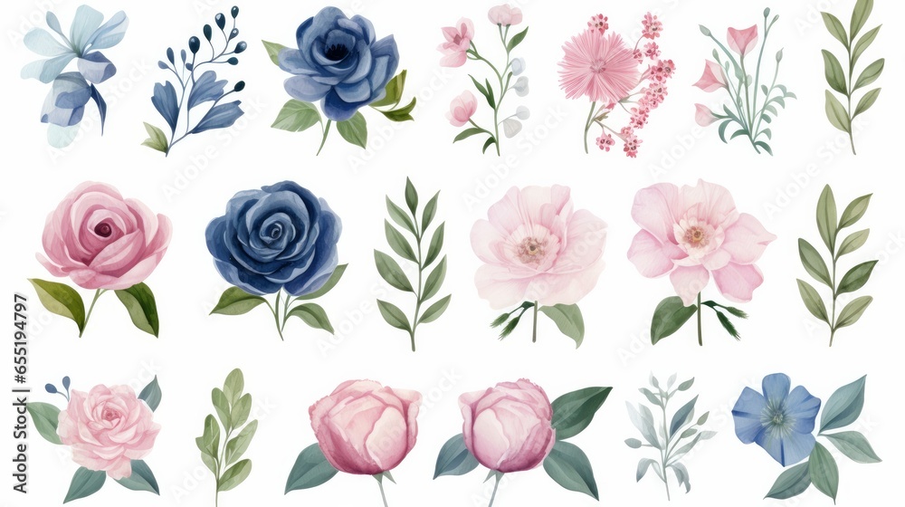 A set of watercolor floral illustrations featuring blush pink and blue flowers along with green leaves. These individual elements are perfect for creating bouquets, wreaths, wedding invitations