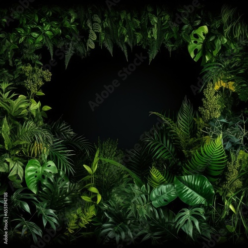Lush greenery of a tropical rainforest garden with various plants such as ferns  palm trees  and philodendrons. The vibrant leaves create a natural frame against a black background  showcasing