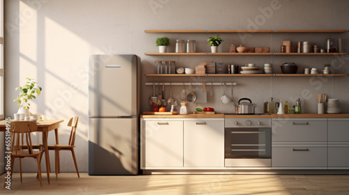 A kitchen with a large refrigerator an oven and a few cupboards with dishes and utensils 