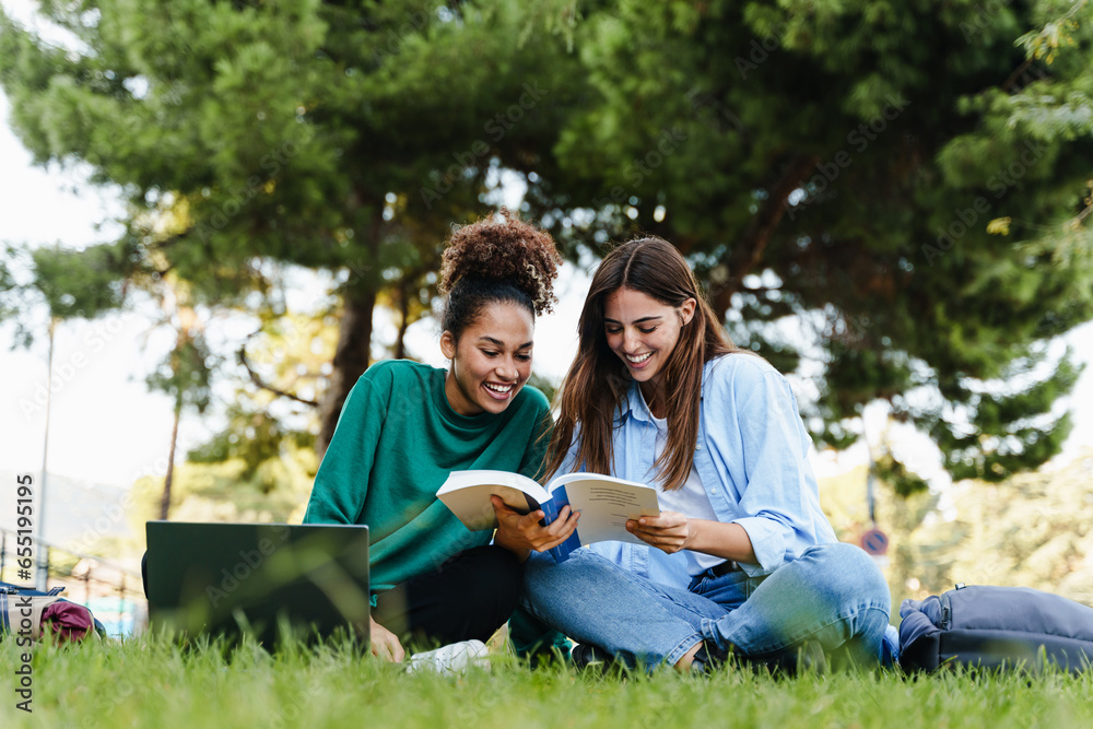 Women students sitting on public park grass learning together with book and laptop, studying for University exams Women students sitting on public park grass learning together with book and laptop, studying for University exams