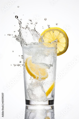 A glass of ice placed on a white background. The texture of the moment when a splash of lemon is dropped. Ingredients for lemon sour, lemon juice, lemonade, etc, Generative AI
