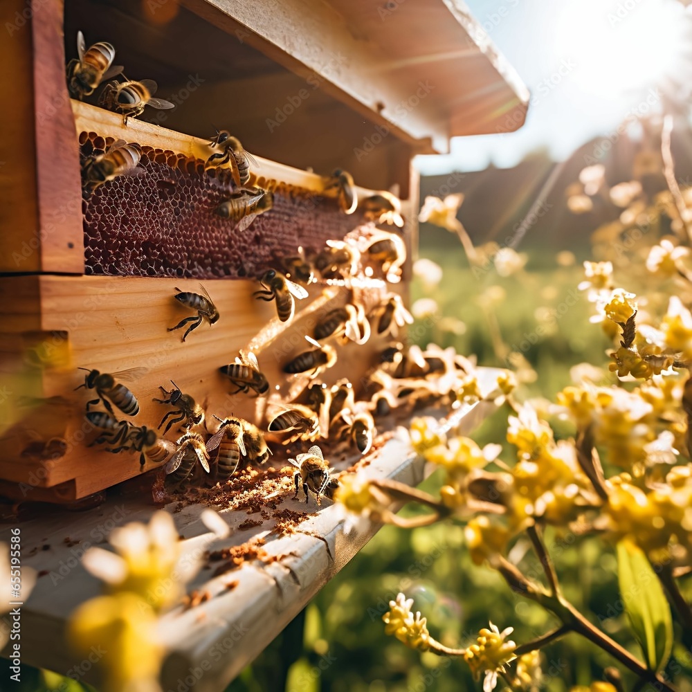 Take a close-up shot of a beehive, with worker bees busily buzzing around, collecting nectar from the surrounding flowers, and a hive in the background to highlight the importance of pollinators in re - obrazy, fototapety, plakaty 