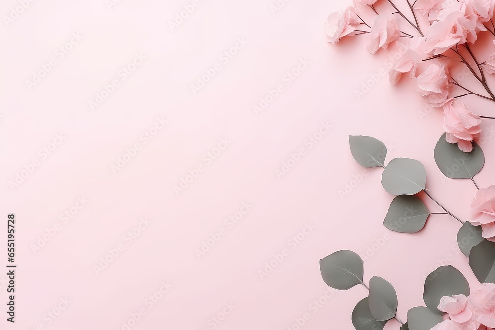 Pink Florals And Eucalyptus On Pink Backdrop For Special Occasions Mockup . Сoncept Floral Mockup, Pink Backdrop, Special Occasions, Eucalyptus - obrazy, fototapety, plakaty 