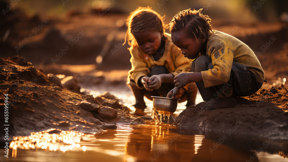Black children panning for gold in rough mud - obrazy, fototapety, plakaty 