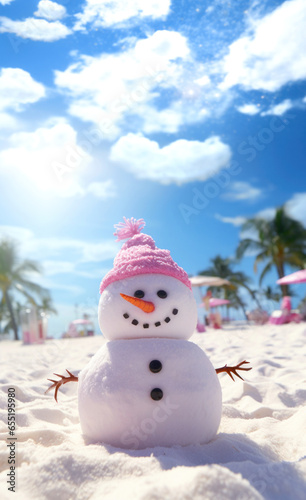 Pink funny snowman with pink hat on white sandy beach by ocean. Picturesque island  palm trees  blue sky and horizon. Happy New Year and merry Christmas. Vertical picture