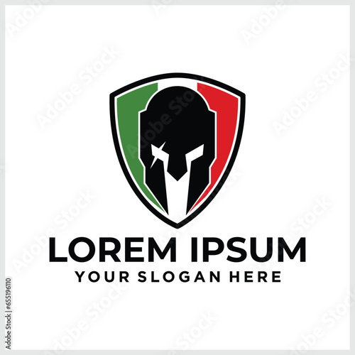 Stock vector of Titan logo design with colored shield background
