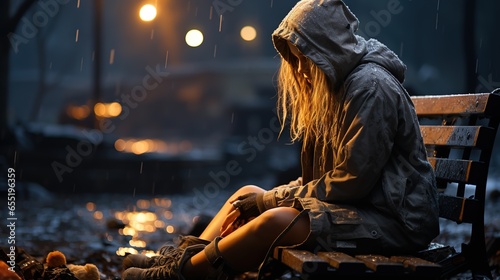 Lonely Teenage girl sitting in the rain. Atmosphere of sadness and loneliness. Teenage depression crisis