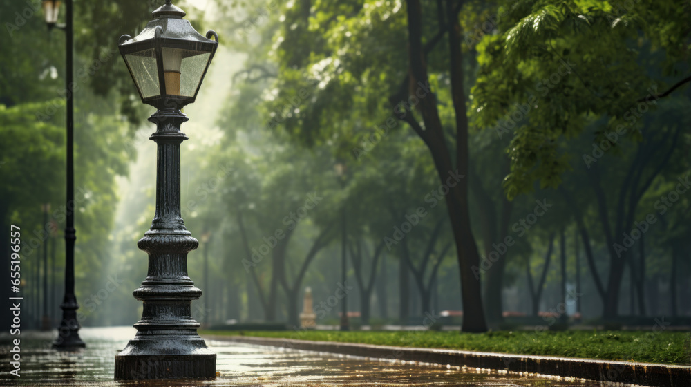 A lamp post in the middle of a park, its light shining through the rain