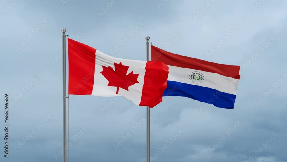 Paraguay flag and Canada flag waving together on cloudy sky, endless seamless loop, two country relations concept Paraguay flag and Canada flag waving together on cloudy sky, endless seamless loop, two country relations concept