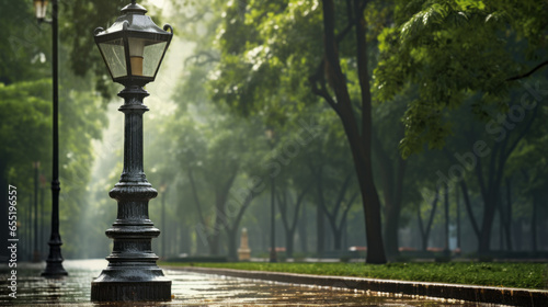 A lamp post in the middle of a park, its light shining through the rain photo