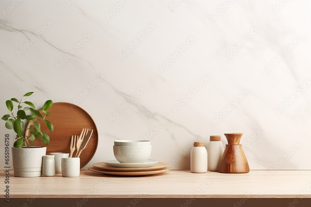 Stylish Marble Tabletop On Wooden Platform With Copyspace For Your Logo, Surrounded By Kitchen Utensils And Dishes On Light Wall Background In Rendering Mockup ,