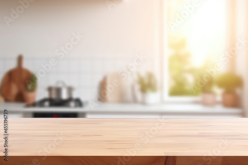 Table Top With Blurred Kitchen Room Background Mockup. Сoncept Kitchen Decor, Home Interior, Mockup Design, Blurred Background