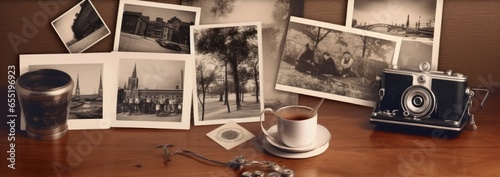 Background texture of antique camera and old black and white photos on wooden vintage table, Generative AI