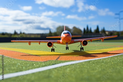 a toy plane on a football field, with the white lines in the background