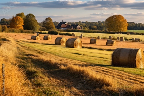 Tela a farm with haystacks and ripe cornfields in autumn sunshine