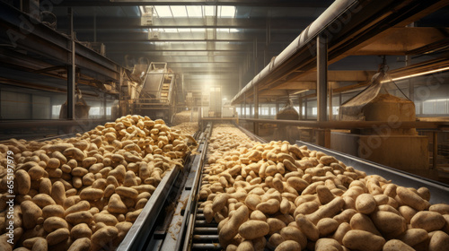 A large-scale potato processing plant, sorting and preparing potatoes for various products photo