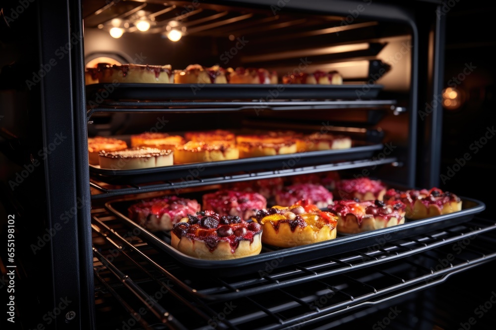 oven view of cakes baking with heat settings evident