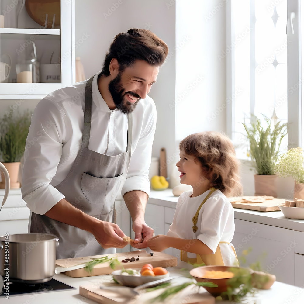 Smiling dad with 5-year child cooking on the white kitchen.High quality