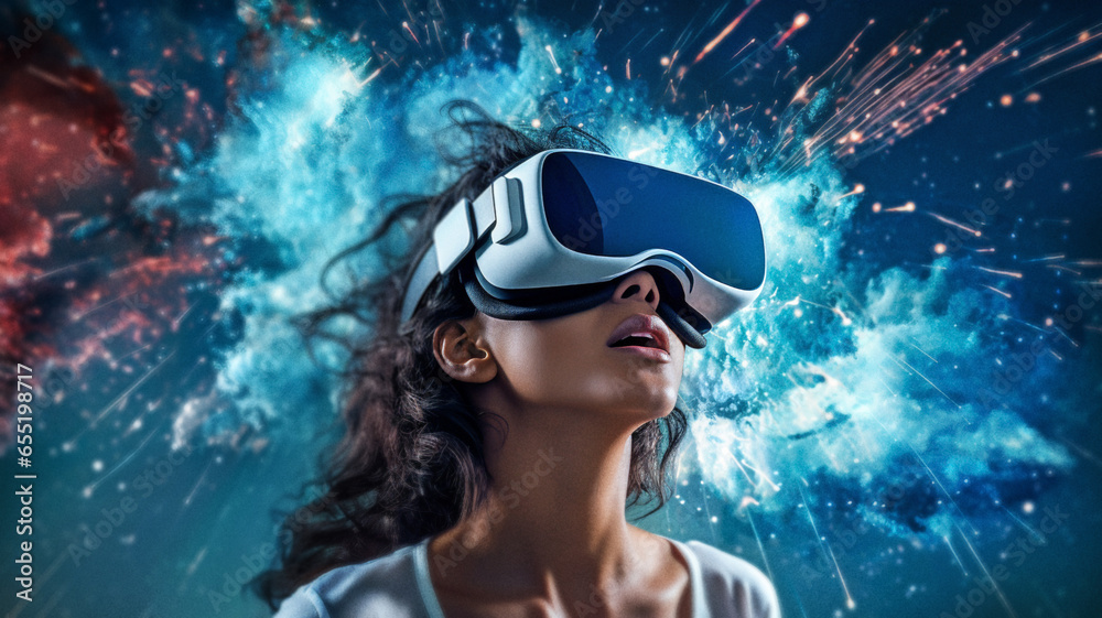 woman wearing virtual digital headset, concept of Metaverse VR virtual reality game playing woman wearing virtual digital headset, concept of Metaverse VR virtual reality game playing