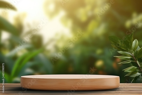Wooden Product Display Podium With Blurred Nature Leaves Background In Rendering Mockup.   oncept Wooden Display Podium  Blurred Nature Leaves Background  Rendering Mockup