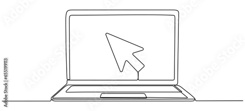 Laptop with mouse cursor continuous line drawn. Arrow pointer linear symbol. Vector illustration isolated on white.