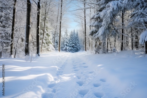 snowy footprints leading towards a forest trail © altitudevisual