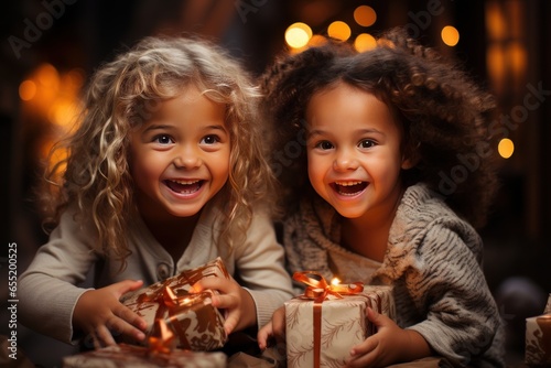 children on christmas night opening santa claus' presents
 photo