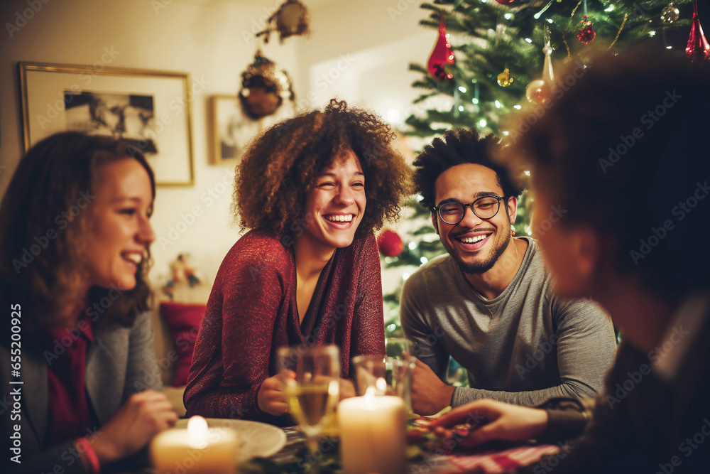 Friends celebrating Christmas or New Year eve party with candls, Bengal lights and rose champagne. Generative AI Friends celebrating Christmas or New Year eve party with candls, Bengal lights and rose champagne. Generative AI