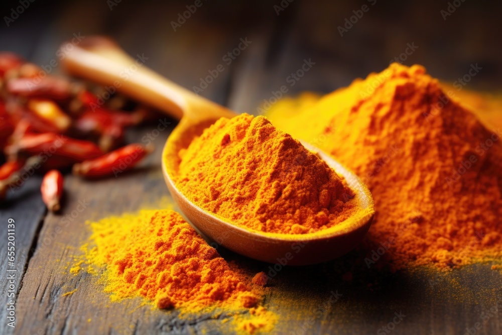 closeup of a pile of turmeric powder on a spoon closeup of a pile of turmeric powder on a spoon