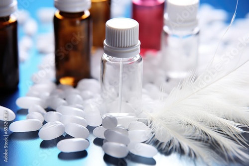 bottled homeopathic dilutions next to a white feather photo