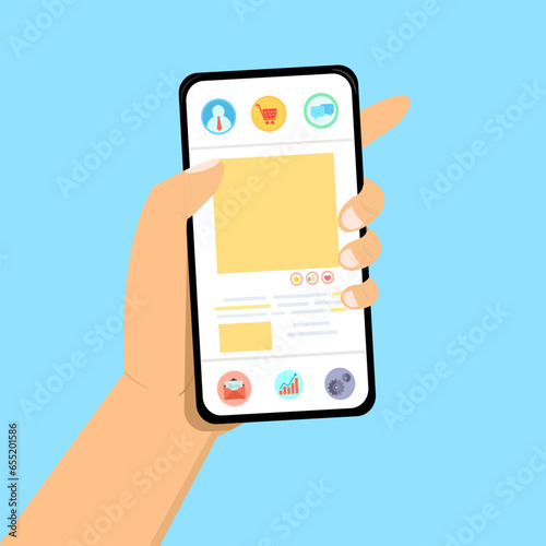 Hand holds smartphone on blue background, cell phone with message, icons application and emoji, social media network and internet digital marketing concept. Vector flat cartoon illustration.