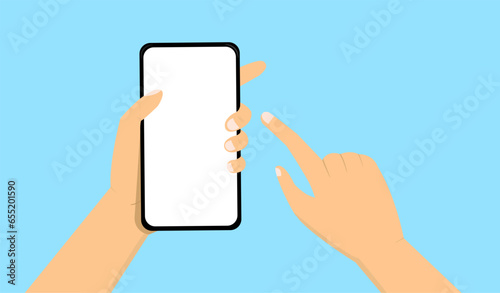 Hand holding and scrolling smartphone on blue background, empty phone blank screen copy space , social media network and internet digital marketing concept. Vector flat cartoon illustration.