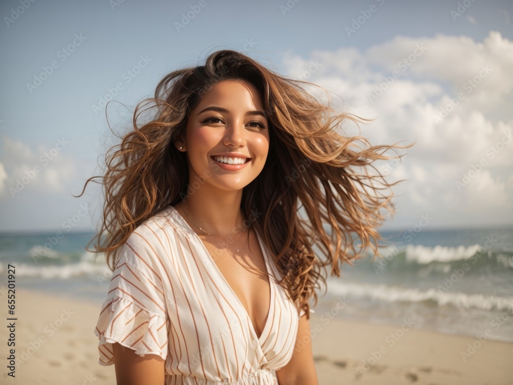 Portrait of a Happy Woman at the Beach,Portrait of a Joyful Woman by the Seaside, insurance ads, vacation ads Portrait of a Happy Woman at the Beach,Portrait of a Joyful Woman by the Seaside, insurance ads, vacation ads