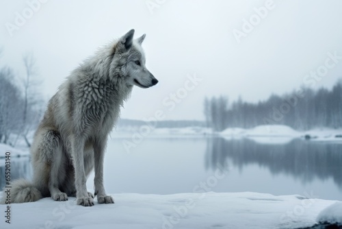 submissive posture of a wolf against a snowy backdrop © altitudevisual