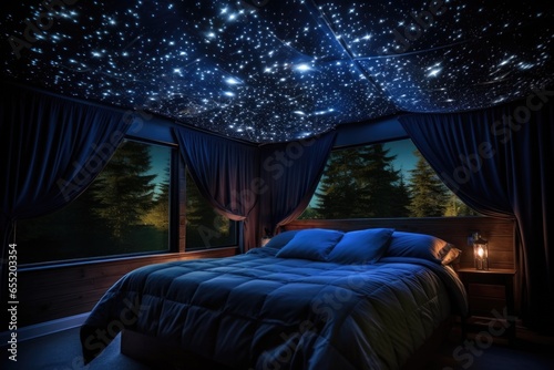 a bedroom with stars projected on ceiling