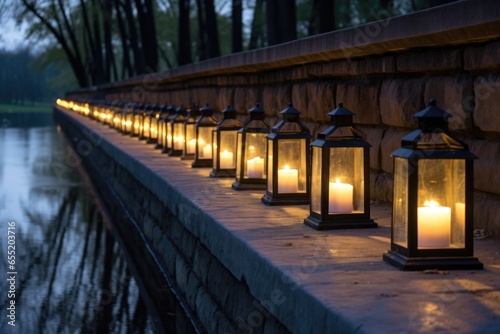 row of lanterns lined up on a stone bridge