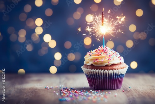 Colorful background birthday cupcake with sparklers for design with copy space